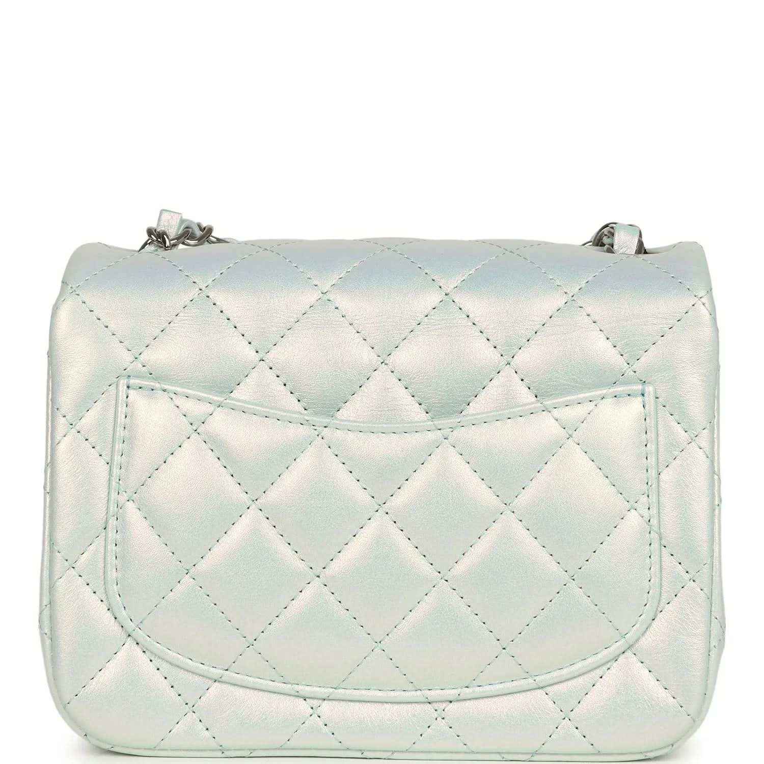 Mini square flap bag in iridescent light blue quilted leather with curved front pocket flap