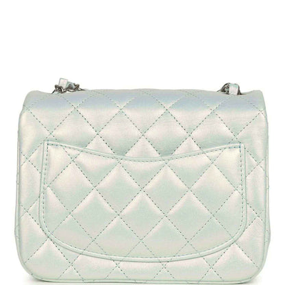 Mini square flap bag in iridescent light blue quilted leather with curved front pocket flap
