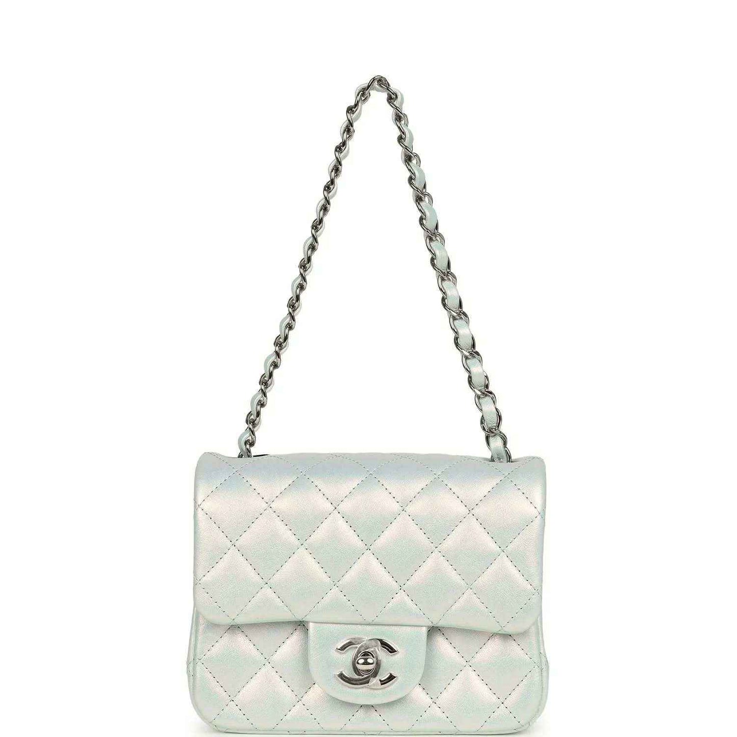 Mini square flap bag on chain in iridescent light blue quilted leather with CC logo front