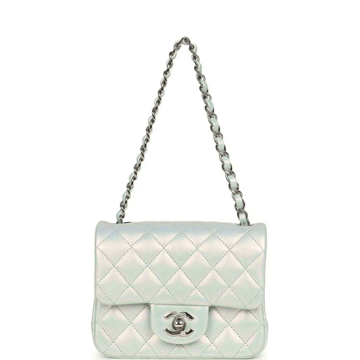 Mini square flap bag on chain in iridescent light blue quilted leather with CC logo front