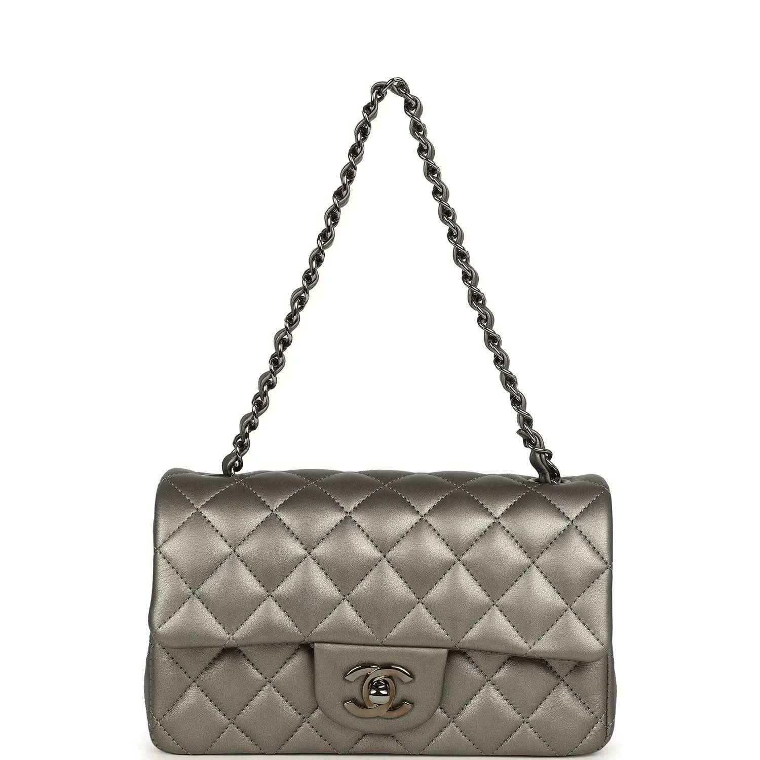 Silver quilted flap bag with chain strap and Chanel CC logo on front