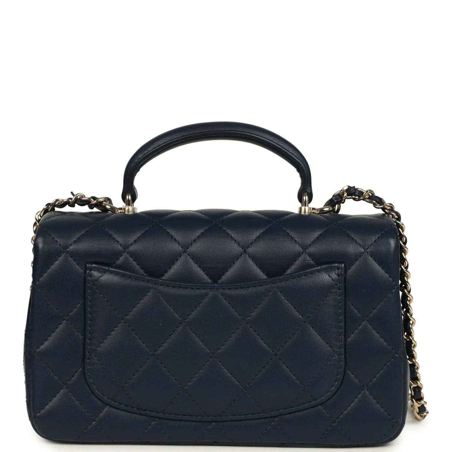 Navy quilted lambskin flap bag with gold-tone CC logo and front pocket panel