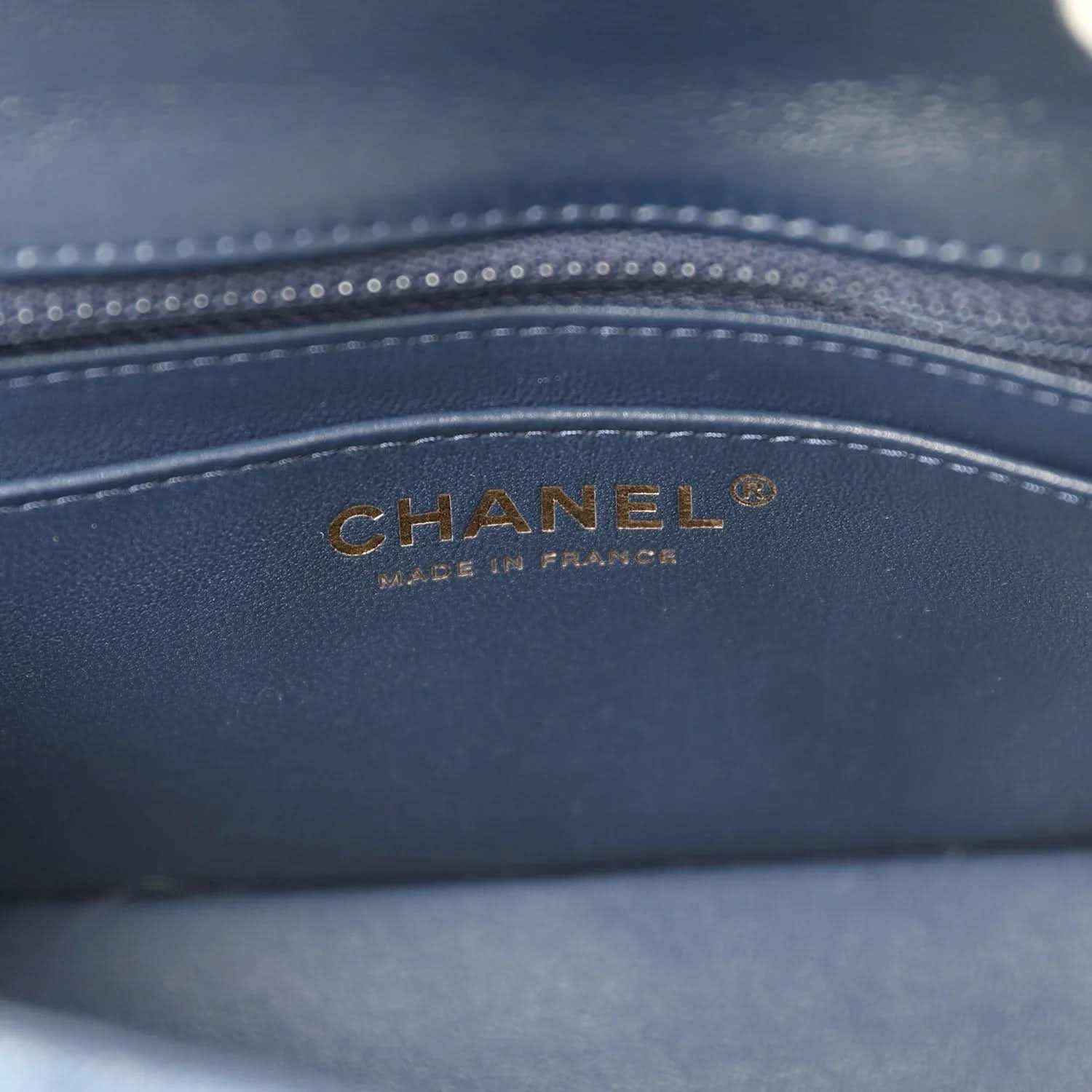 Chanel mini flap bag interior lining, blue leather with CHANEL made in France stamp