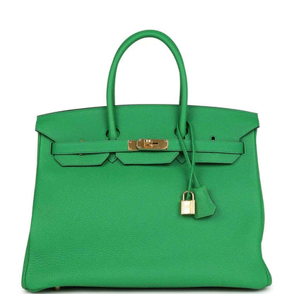 Hermes Birkin 35cm leather handbag, green with gold hardware, top handle and lock detail
