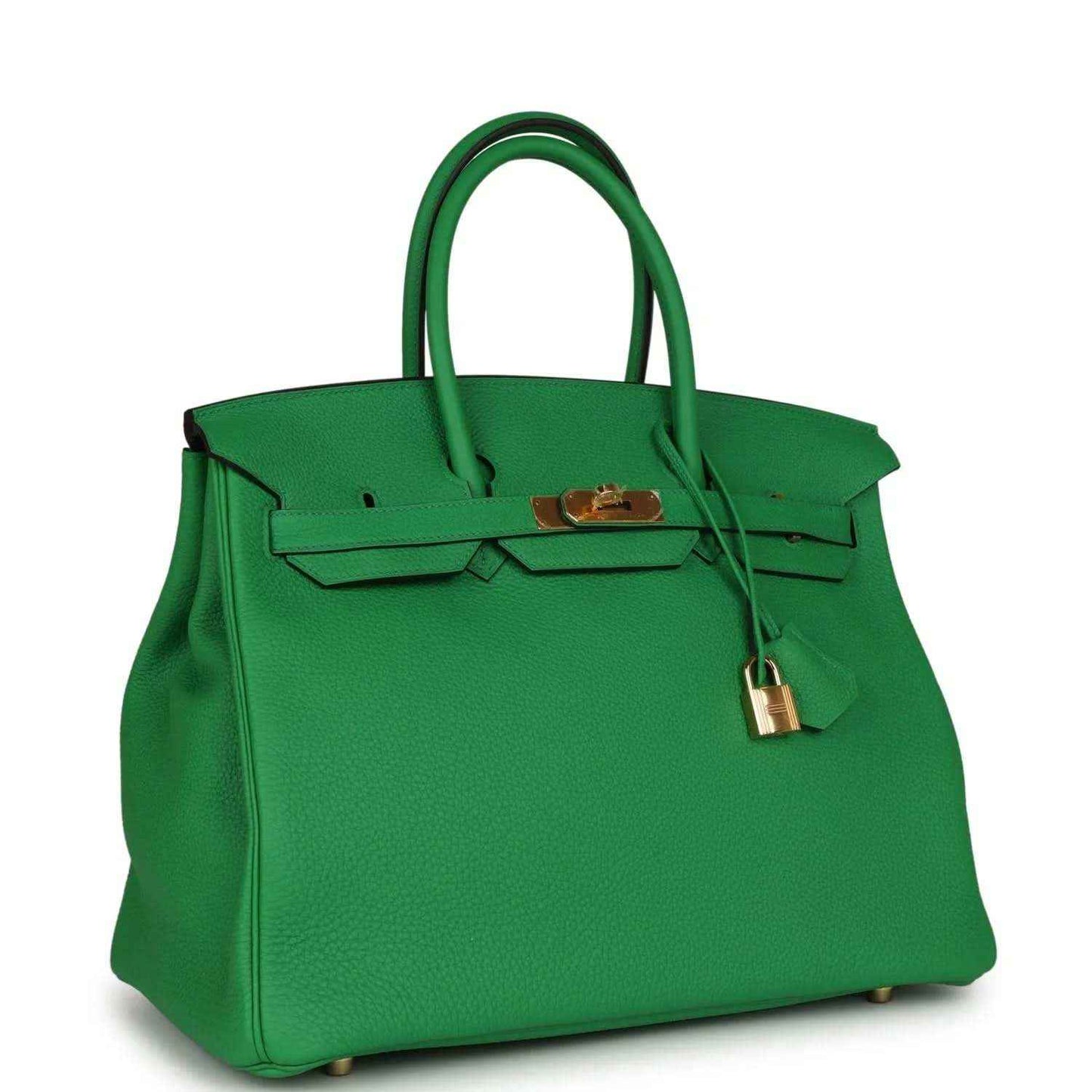 Hermes Birkin 35cm leather handbag, green with gold hardware, front flap and padlock