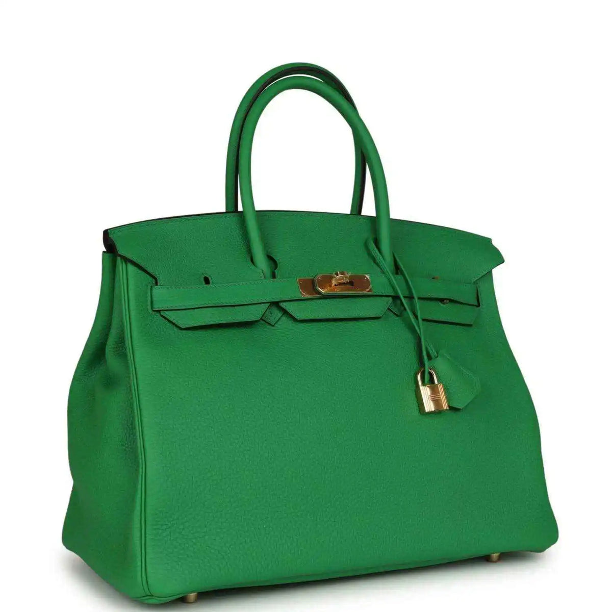 Hermes Birkin 35cm leather handbag, green with gold hardware, front flap and padlock