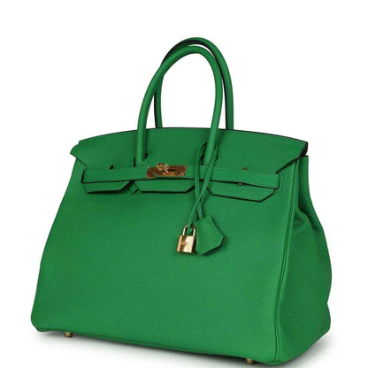 Hermes Birkin 35cm leather handbag, green with gold hardware, lock and strap detail