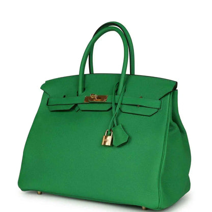 Hermes Birkin 35cm leather handbag, green with gold hardware, lock and strap detail