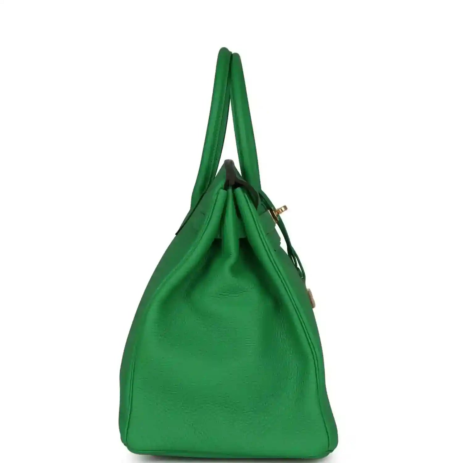 Hermes Birkin 35cm leather handbag, green with top handles and side profile