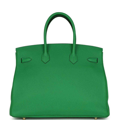 Hermes Birkin 35cm leather handbag, green with top handles and front snap panels