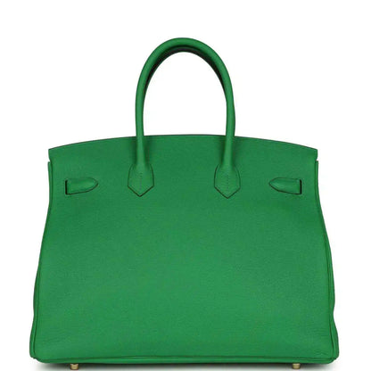 Hermes Birkin 35cm leather handbag, green with top handles and front snap panels