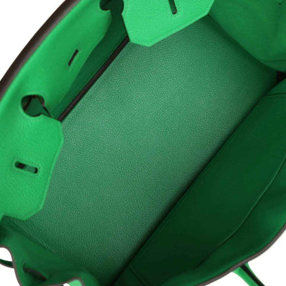 Hermes Birkin 35cm handbag interior, green leather lining with side pocket