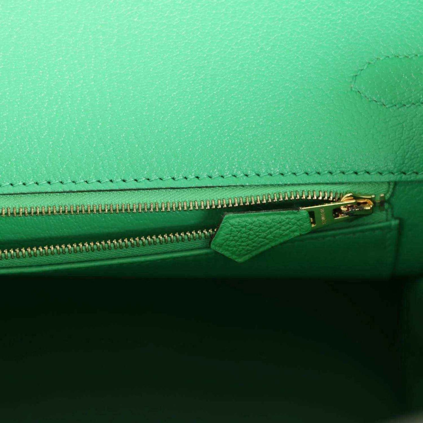 Hermes Birkin 35cm handbag interior zipper with gold pull and green leather trim