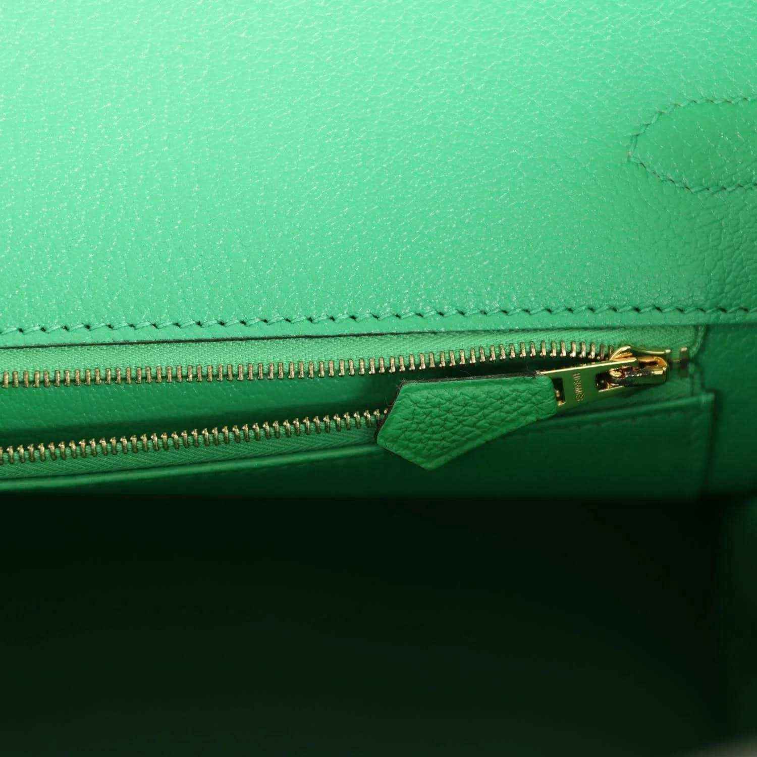 Hermes Birkin 35cm handbag interior zipper with gold pull and green leather trim