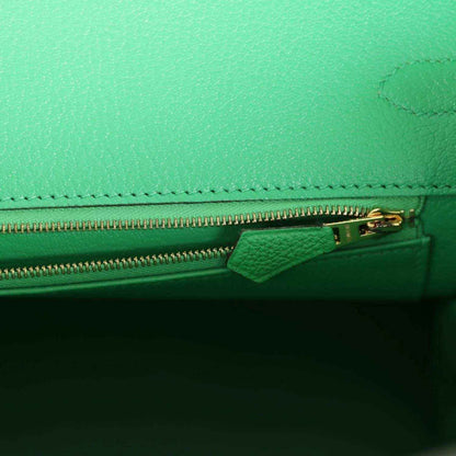Hermes Birkin 35cm handbag interior zipper with gold pull and green leather trim