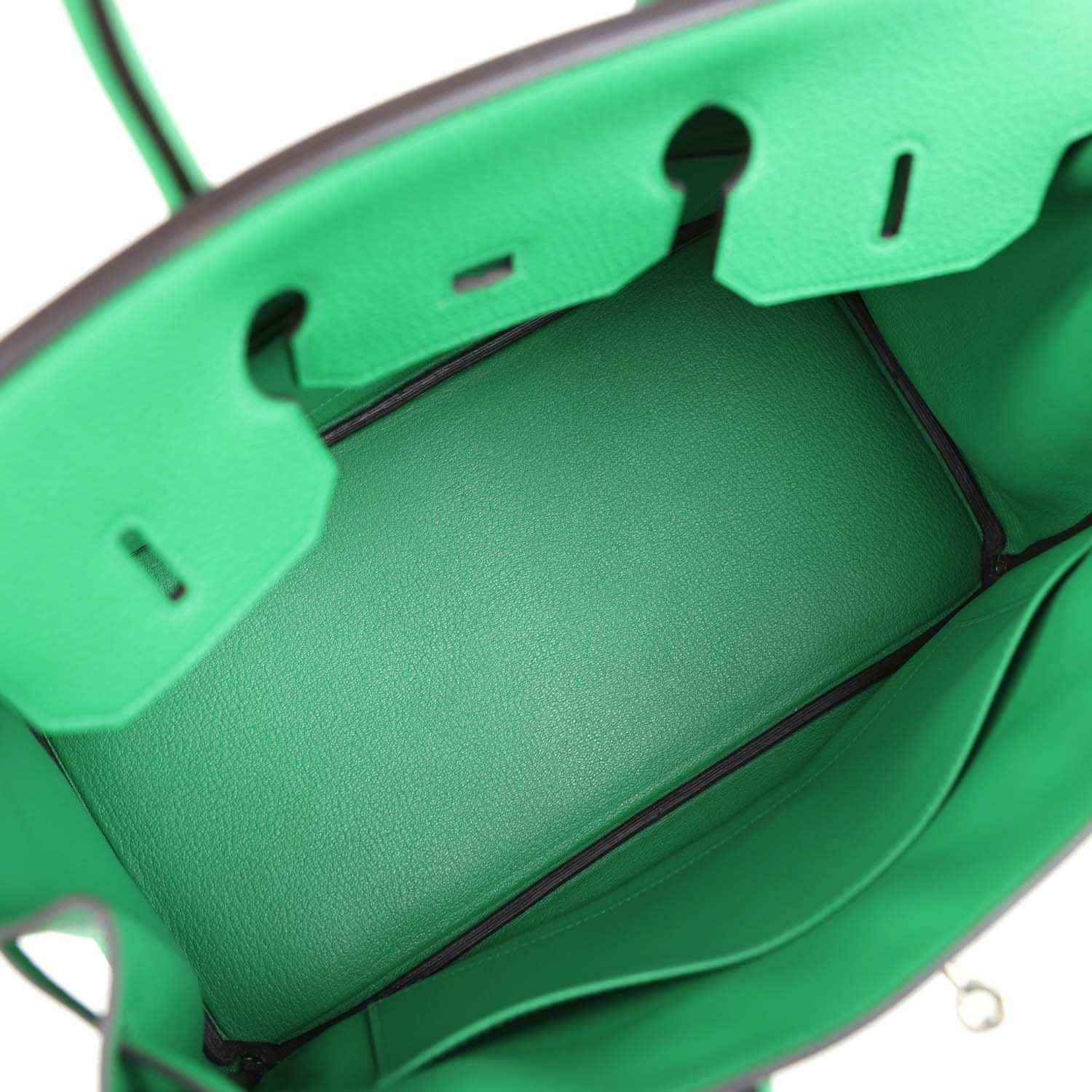 Green leather interior view with structured lining panels and front hardware