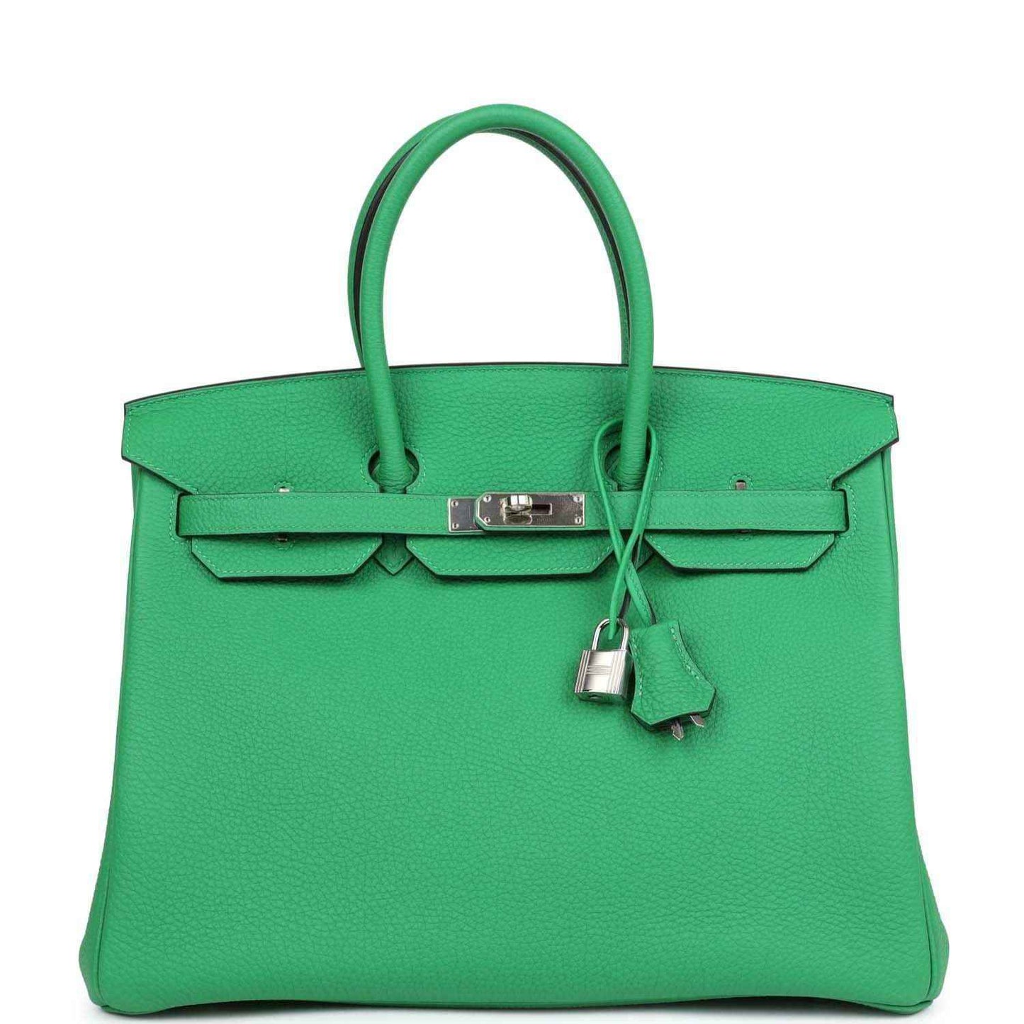 Green leather top-handle handbag with front flap lock and dangling key charm