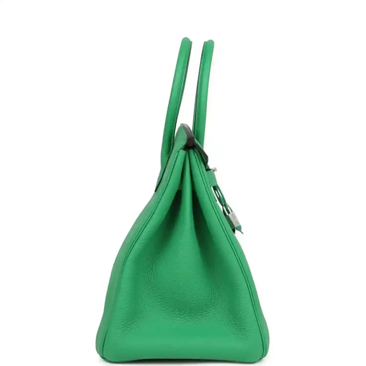 Green leather top-handle handbag with gathered sides and hanging lock charm