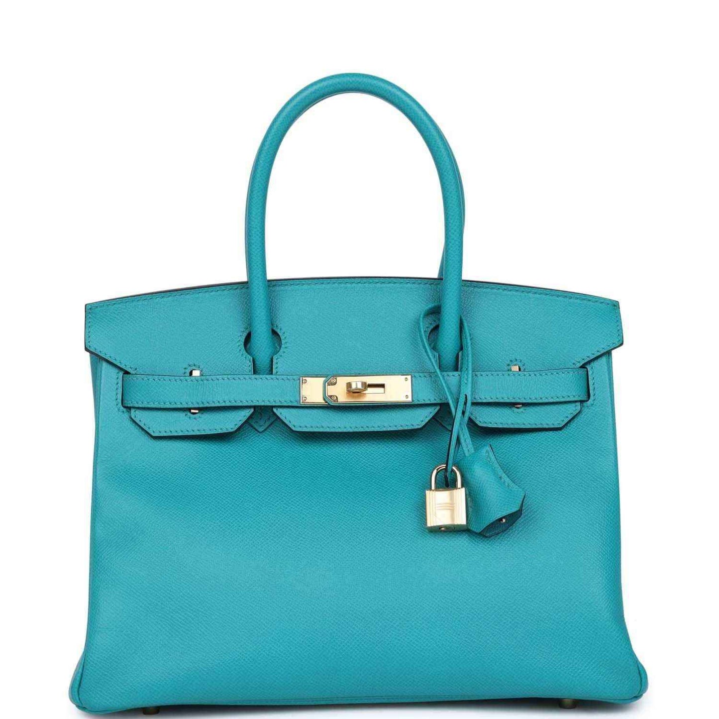 Blue peacock leather handbag with gold lock clasp and dangling key charm