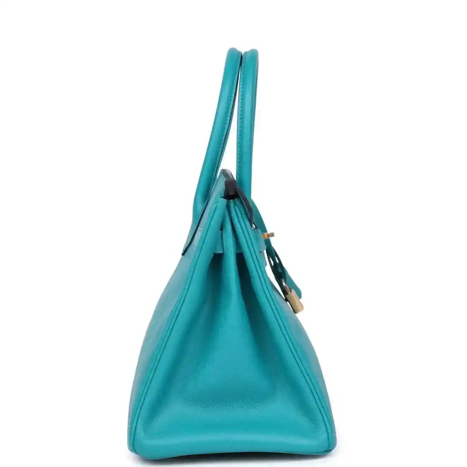 Blue peacock leather handbag with top handles and gold front lock hardware