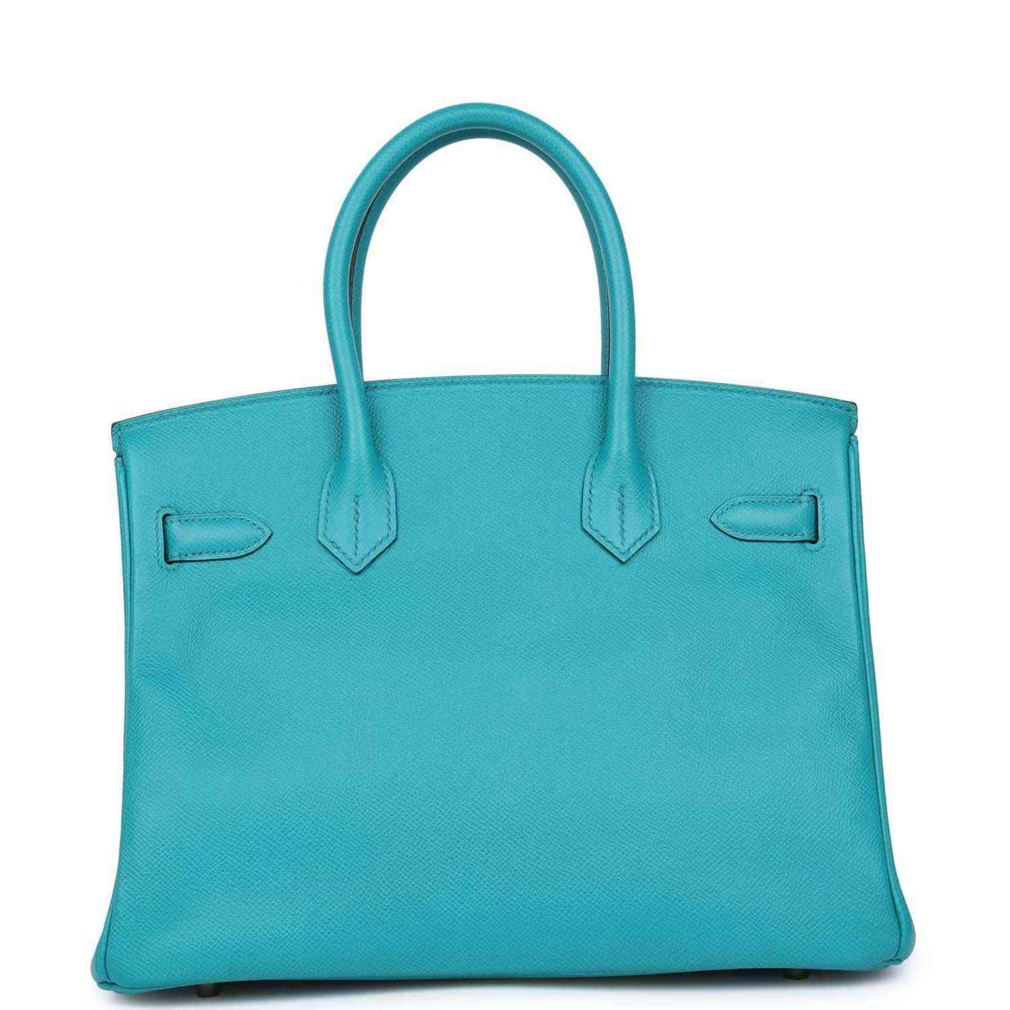 Blue peacock leather tote bag with top handles and front flap detail