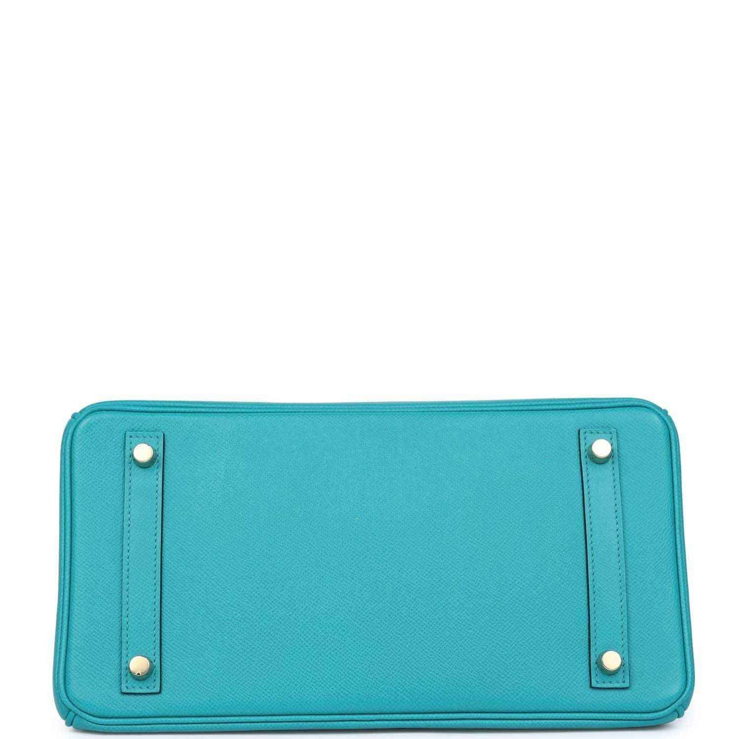 Blue peacock leather handbag base with gold corner studs and neat front panel stitching