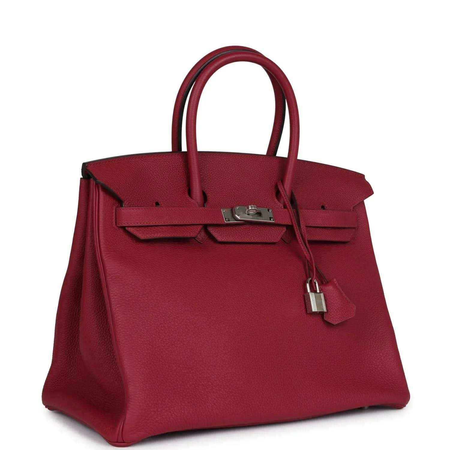 Red leather Birkin-style handbag with top handles and front clasp hardware, front view