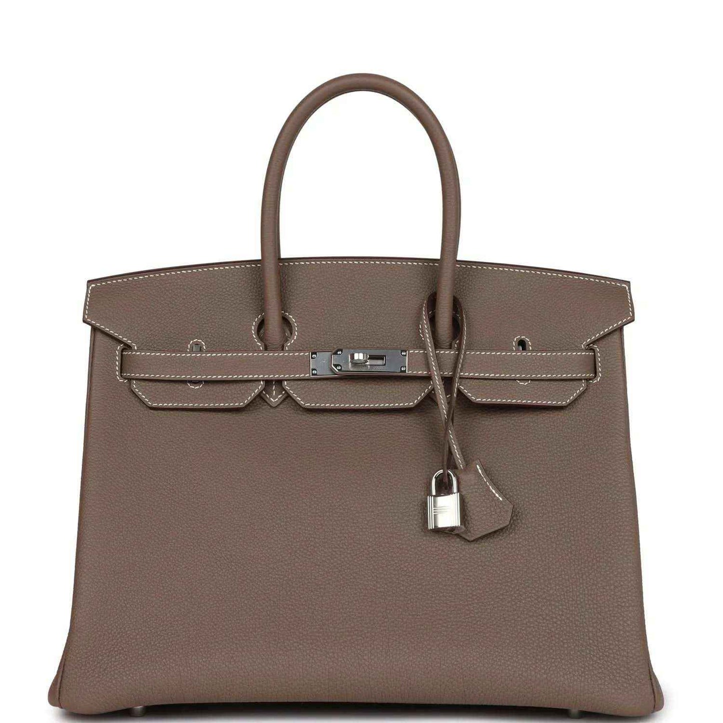 Hermes Birkin 35 taupe Togo leather handbag with top handles, front flap and padlock