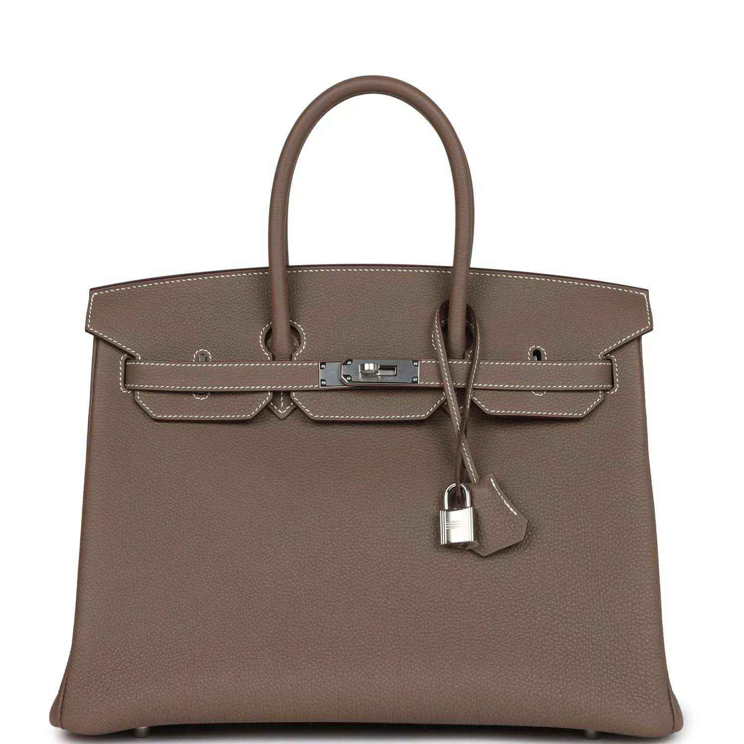 Hermes Birkin 35 taupe Togo leather handbag with top handles, front flap and padlock