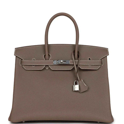 Hermes Birkin 35 taupe Togo leather handbag with top handles, front flap and padlock
