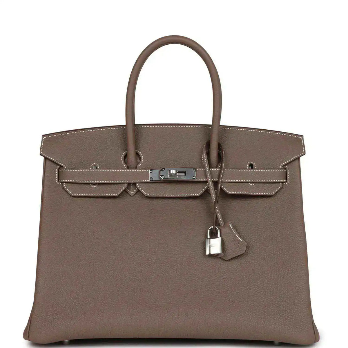 Hermes Birkin 35 taupe Togo leather handbag with top handles, front flap and padlock