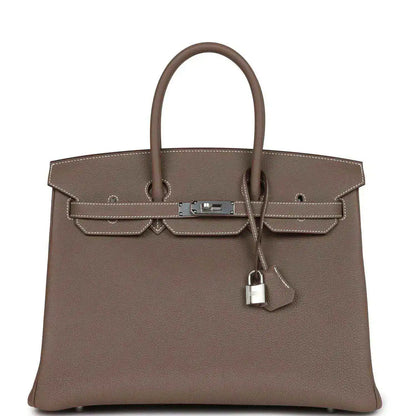 Hermes Birkin 35 taupe Togo leather handbag with top handles, front flap and padlock