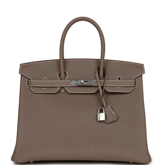 Hermes Birkin 35 taupe Togo leather handbag with top handles, front flap and padlock