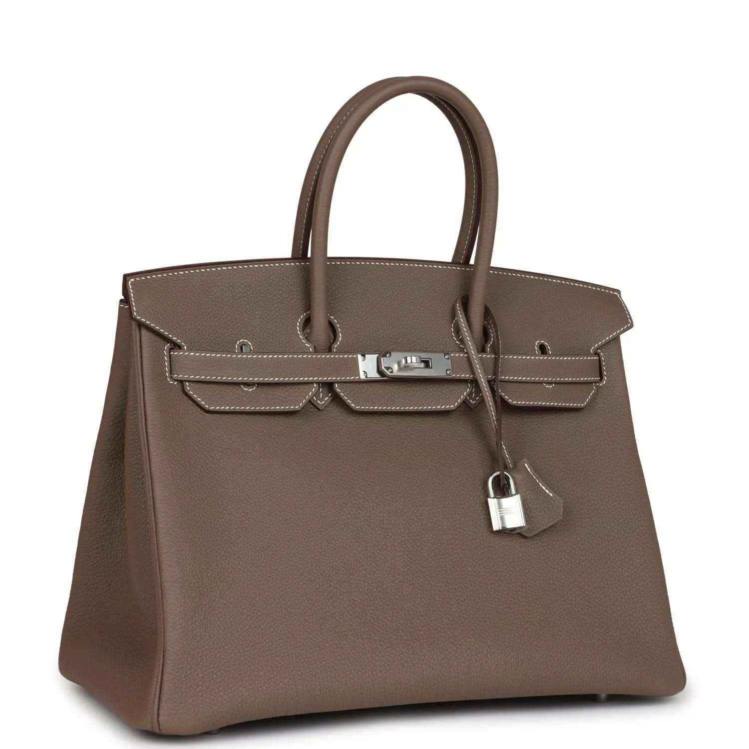 Hermes Birkin 35 taupe Togo leather handbag with top handles, center clasp and padlock