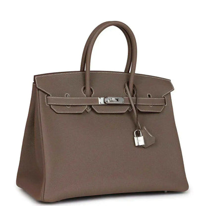 Hermes Birkin 35 taupe Togo leather handbag with top handles, center clasp and padlock