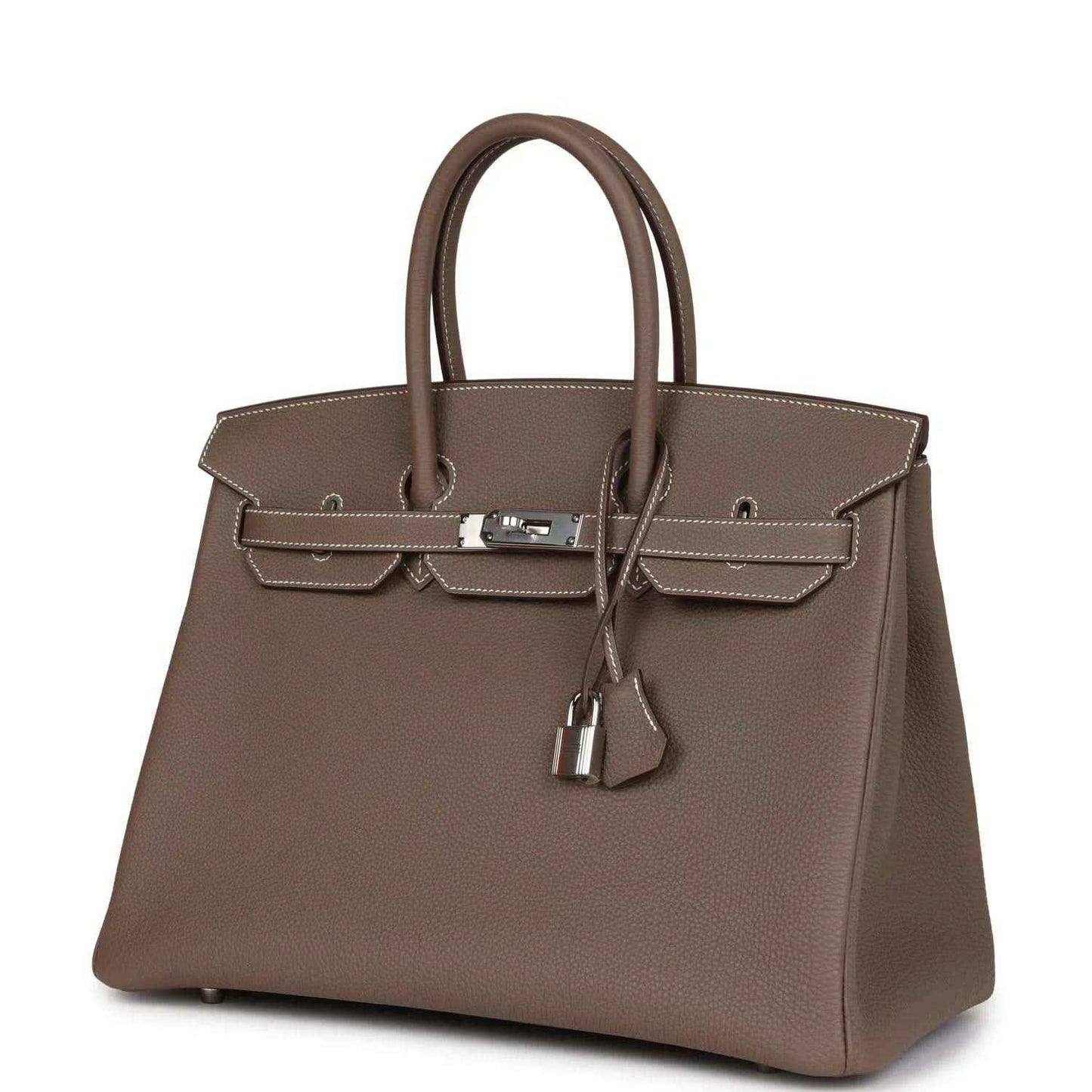 Hermes Birkin 35 taupe Togo leather handbag with top handles, front clasp and hanging key charm