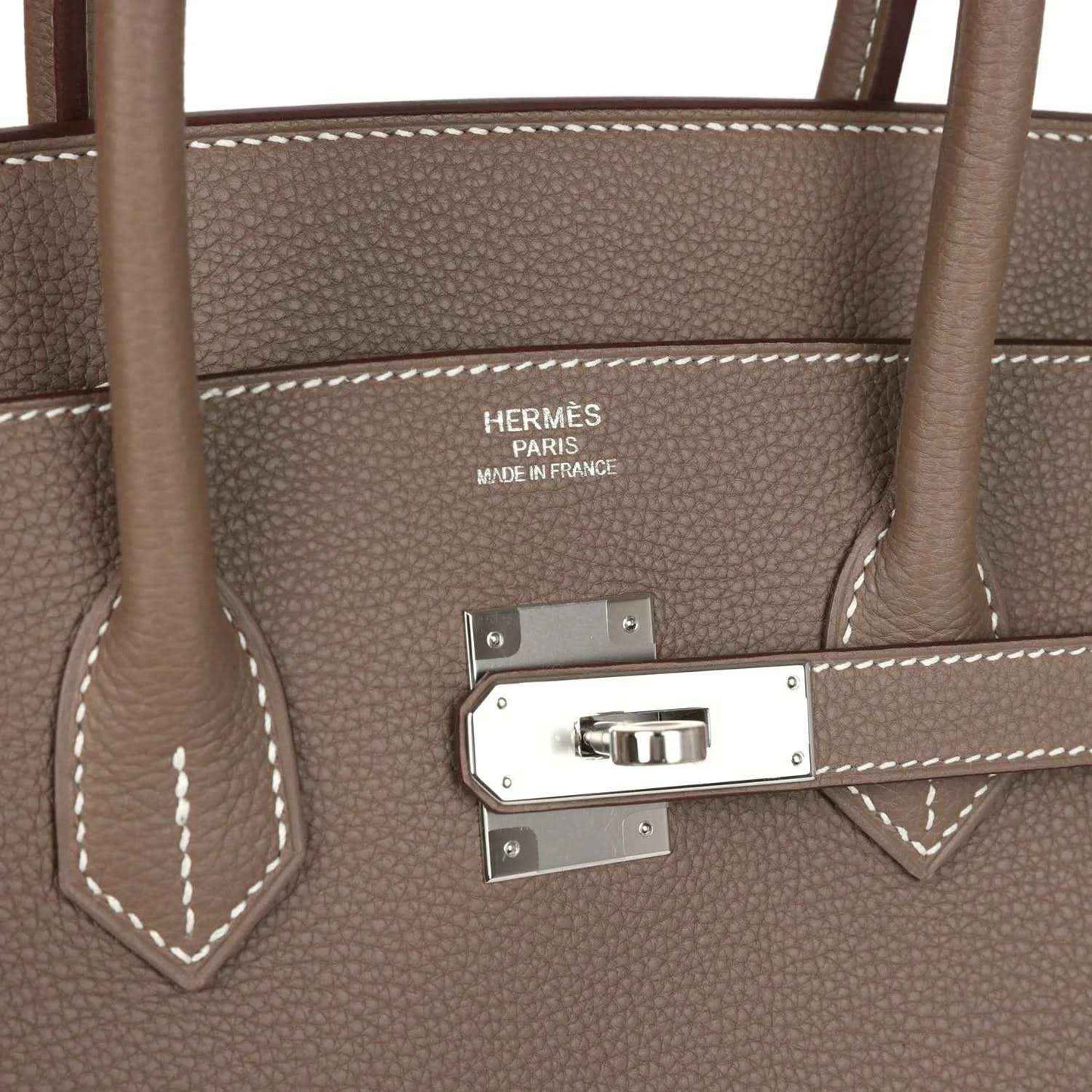 Hermes Birkin 35 interior view with stamped branding, bar clasp hardware and stitched leather loops