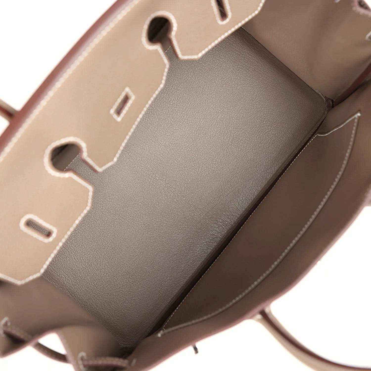 Hermes Birkin 35 interior view with leather lining and side pocket edges
