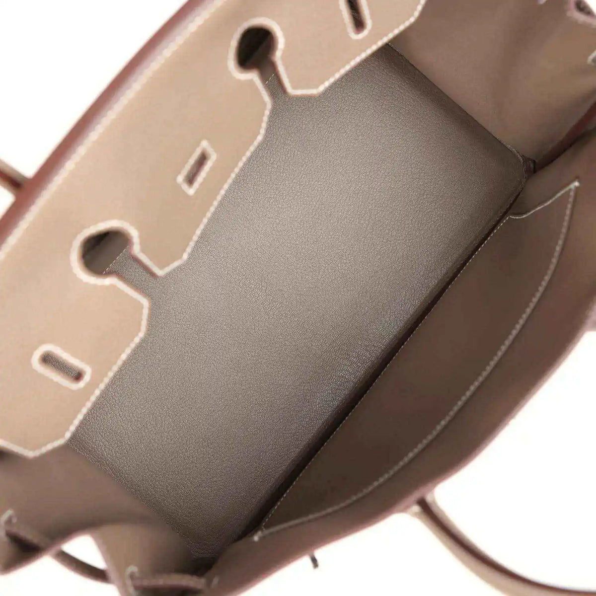 Hermes Birkin 35 interior view with leather lining and side pocket edges