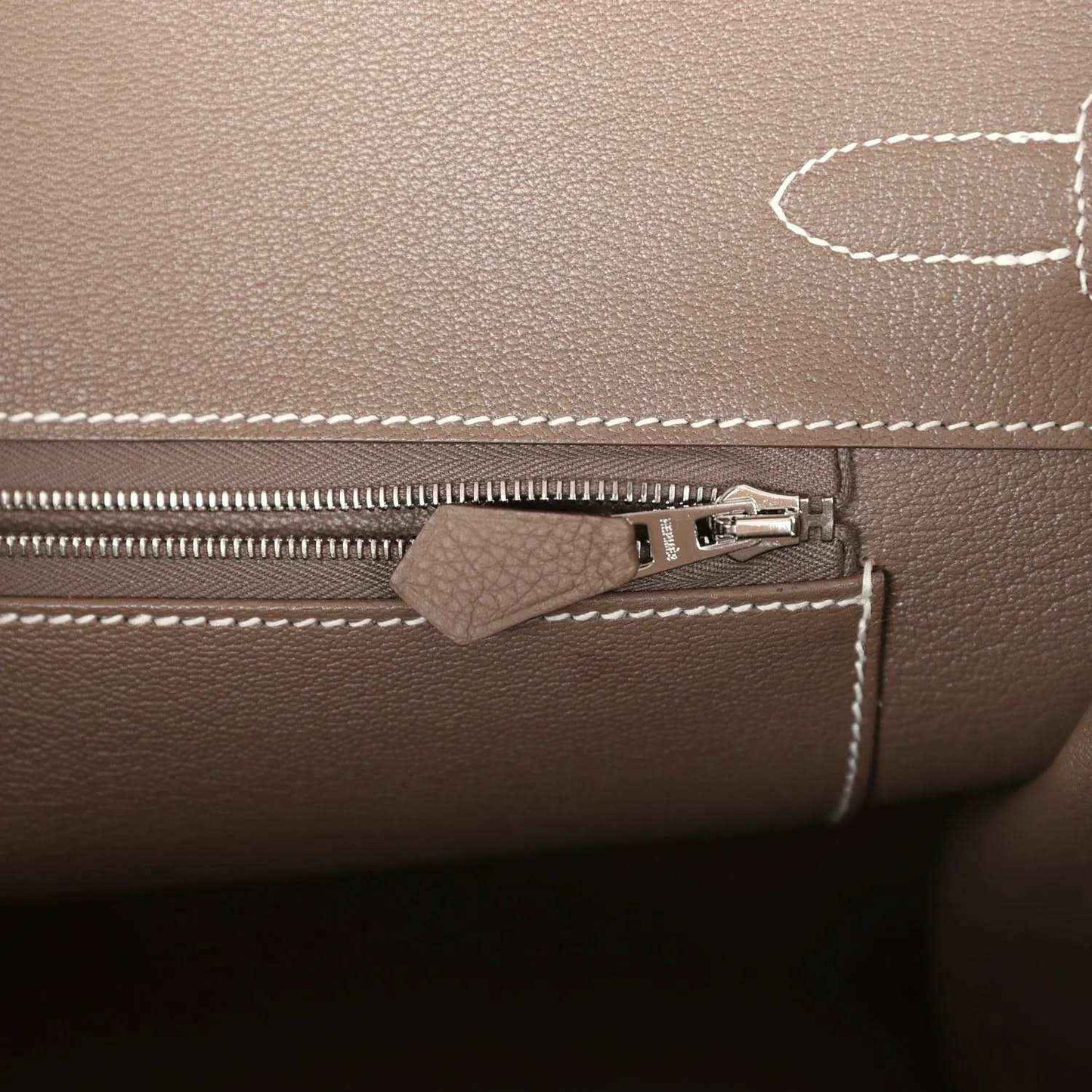 Hermes Birkin 35 taupe Togo leather interior with zip track and small leather zipper pull