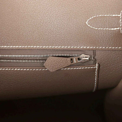 Hermes Birkin 35 taupe Togo leather interior with zip track and small leather zipper pull