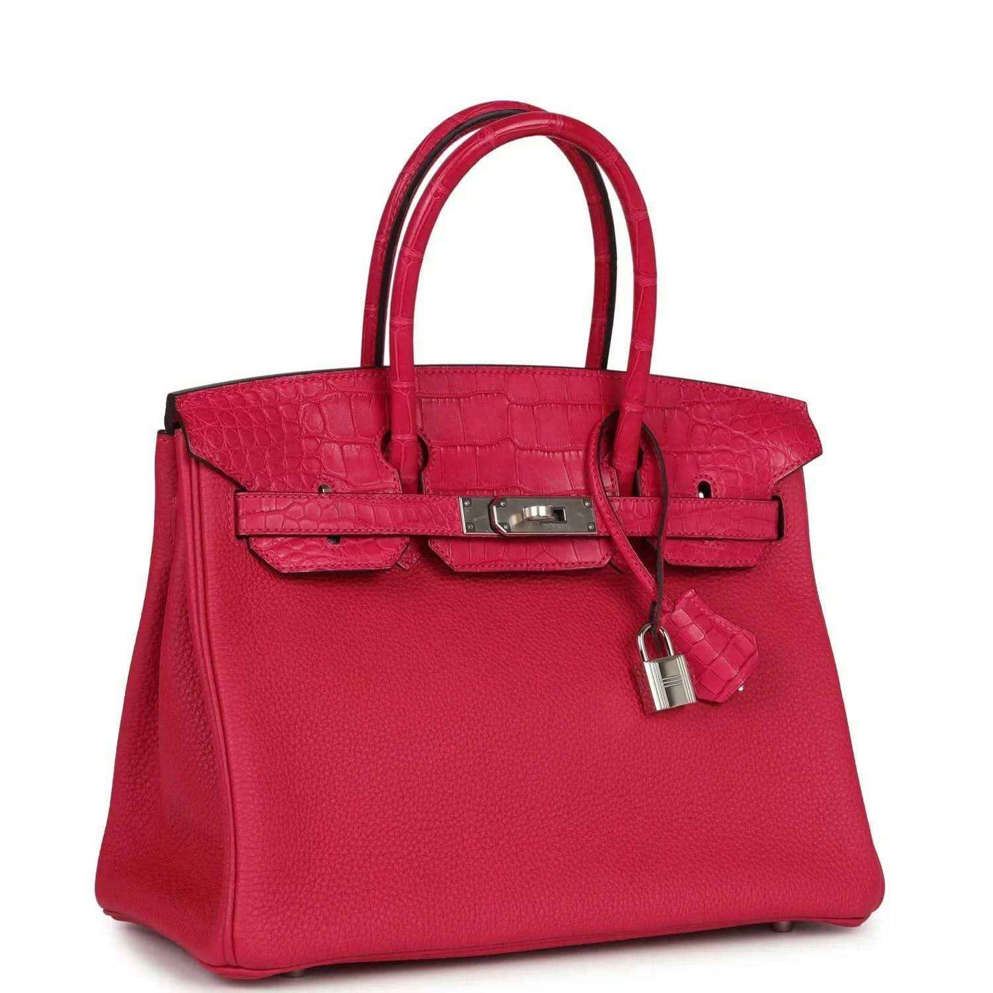 Pink Birkin handbag angled view with front flap, lock charm, and hardware.
