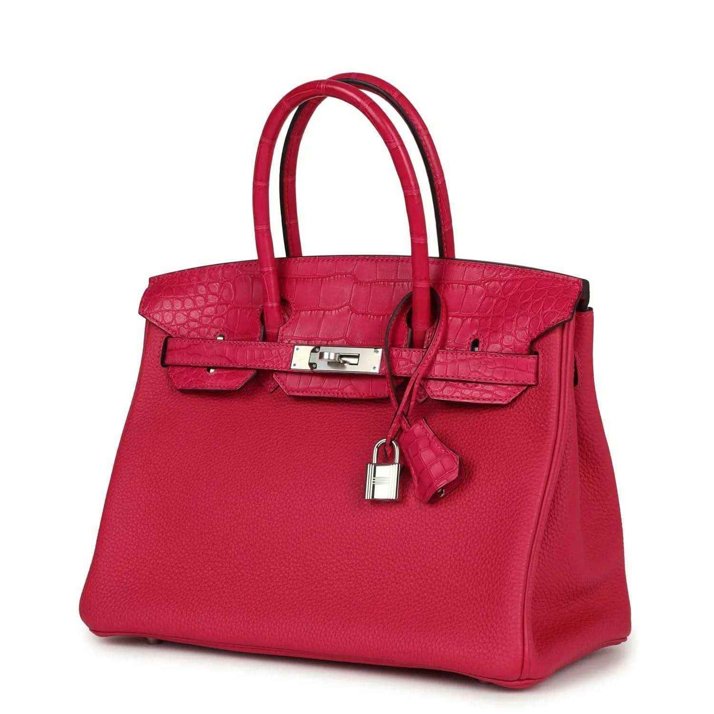 Pink Birkin handbag three-quarter view with front flap, lock charm, and hardware.