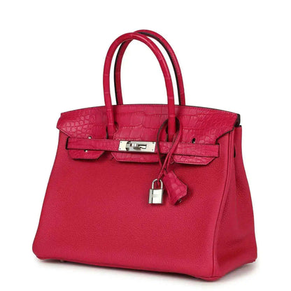 Pink Birkin handbag three-quarter view with front flap, lock charm, and hardware.
