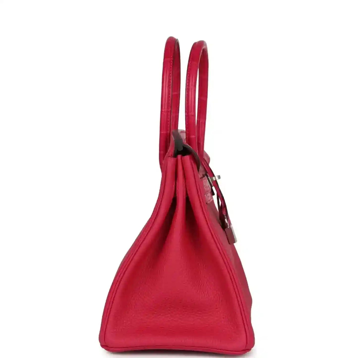 Pink Birkin handbag side view with two top handles and metal accent hardware.