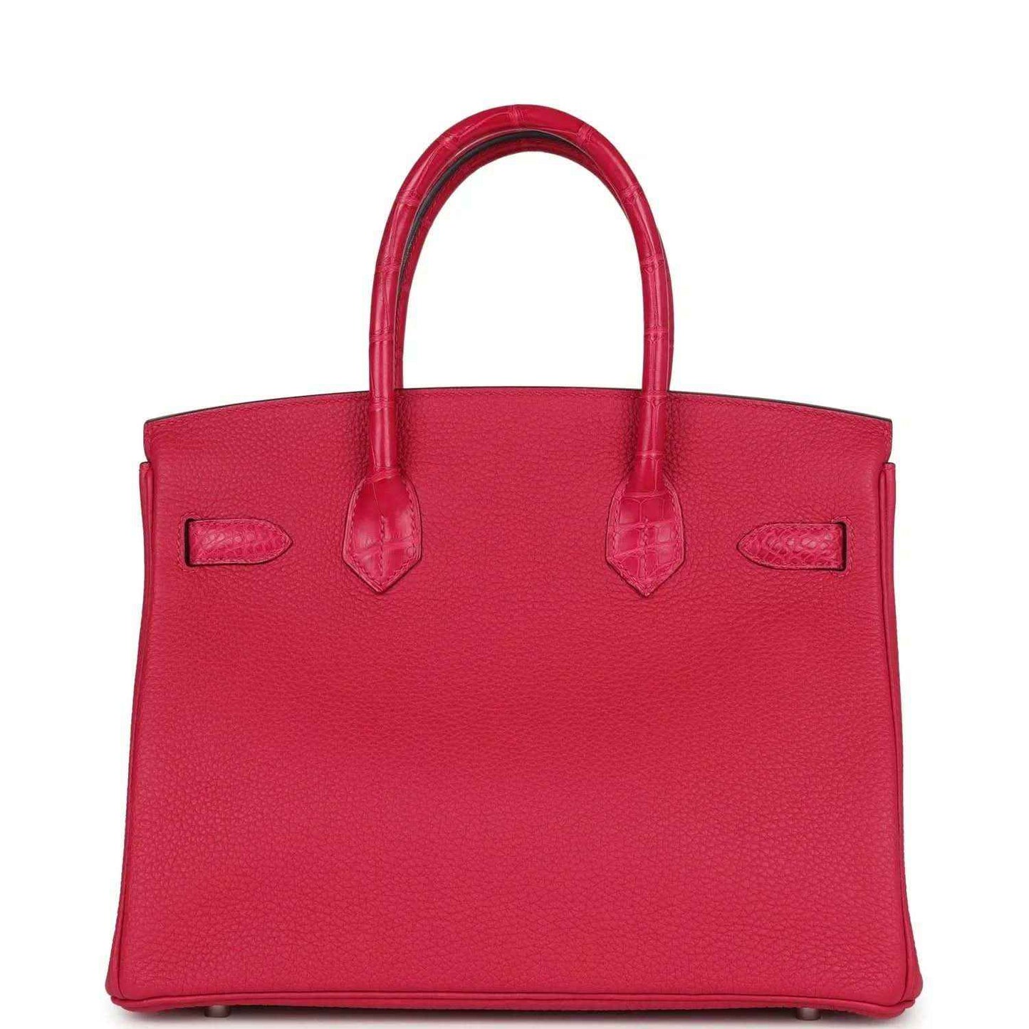 Pink Birkin handbag with top handles and side tabs on exterior.
