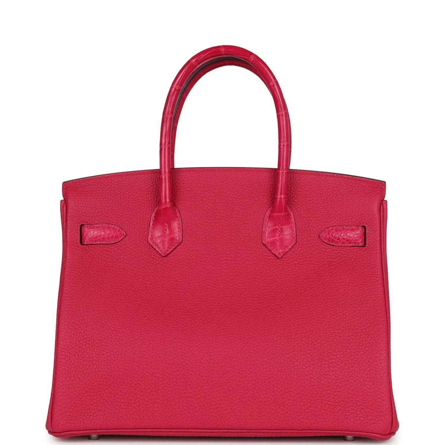 Pink Birkin handbag with top handles and side tabs on exterior.
