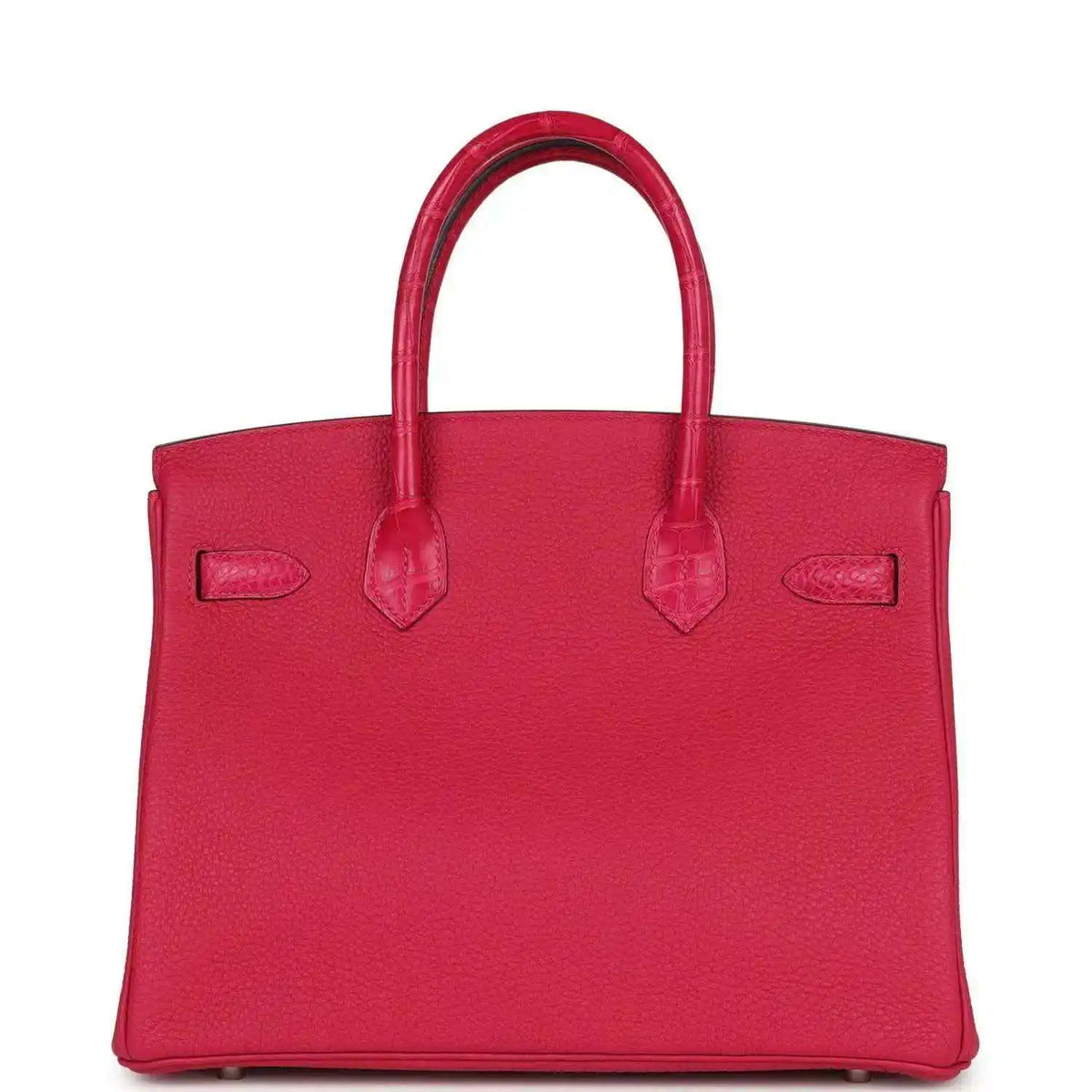 Pink Birkin handbag with top handles and side tabs on exterior.