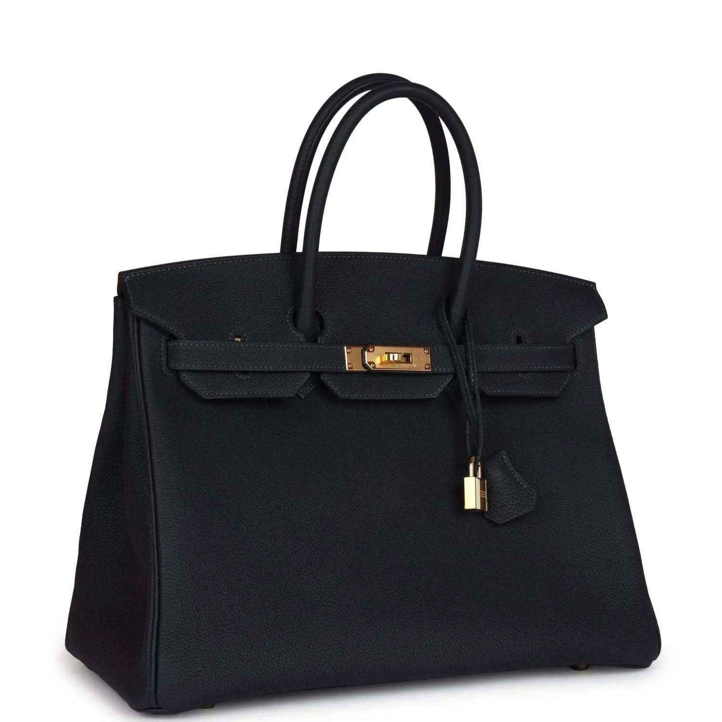 Leather Birkin handbag with gold front clasp and hanging lock charm, dark color