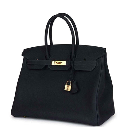 Leather Birkin handbag front view with gold clasp and lock charm, dark color